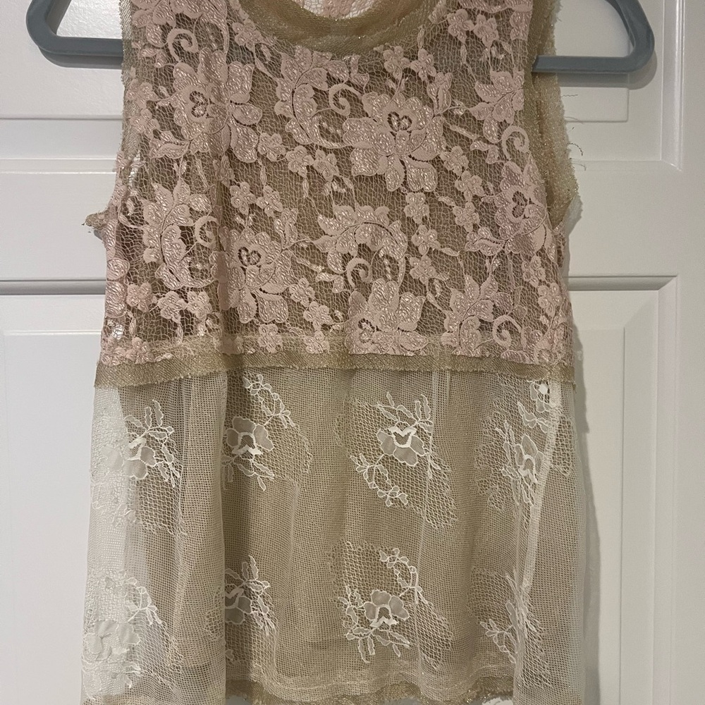 Lace Overlay Sleeveless Tank Top - Blush and Beige